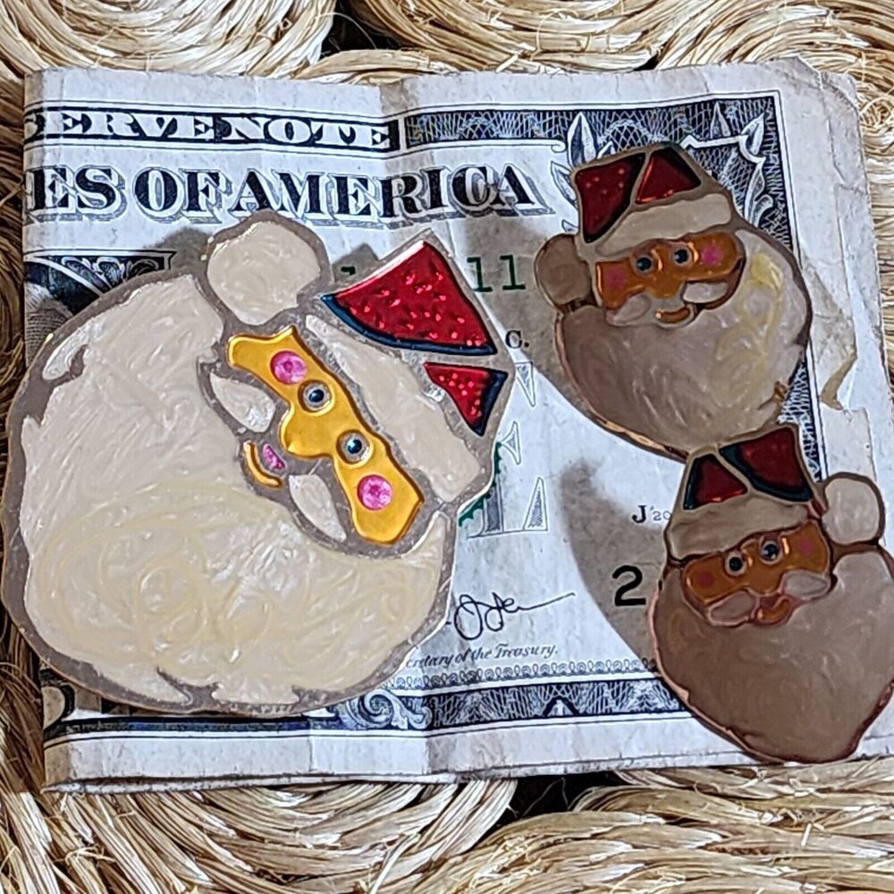 Vintage Signed Two Hands Enameled Santa Pierced Christmas Earrings & Brooch